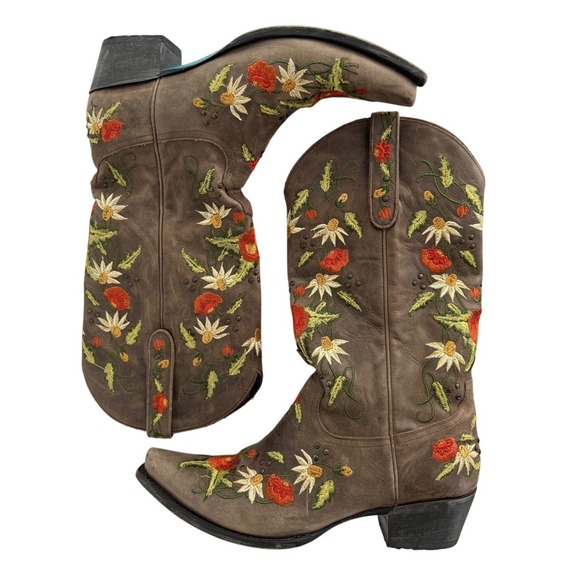 Lane boots Shoes - Lane Boots Western Embroidered Floral Wild Stitch Brown Leather Cowgirl 11 FLAWS